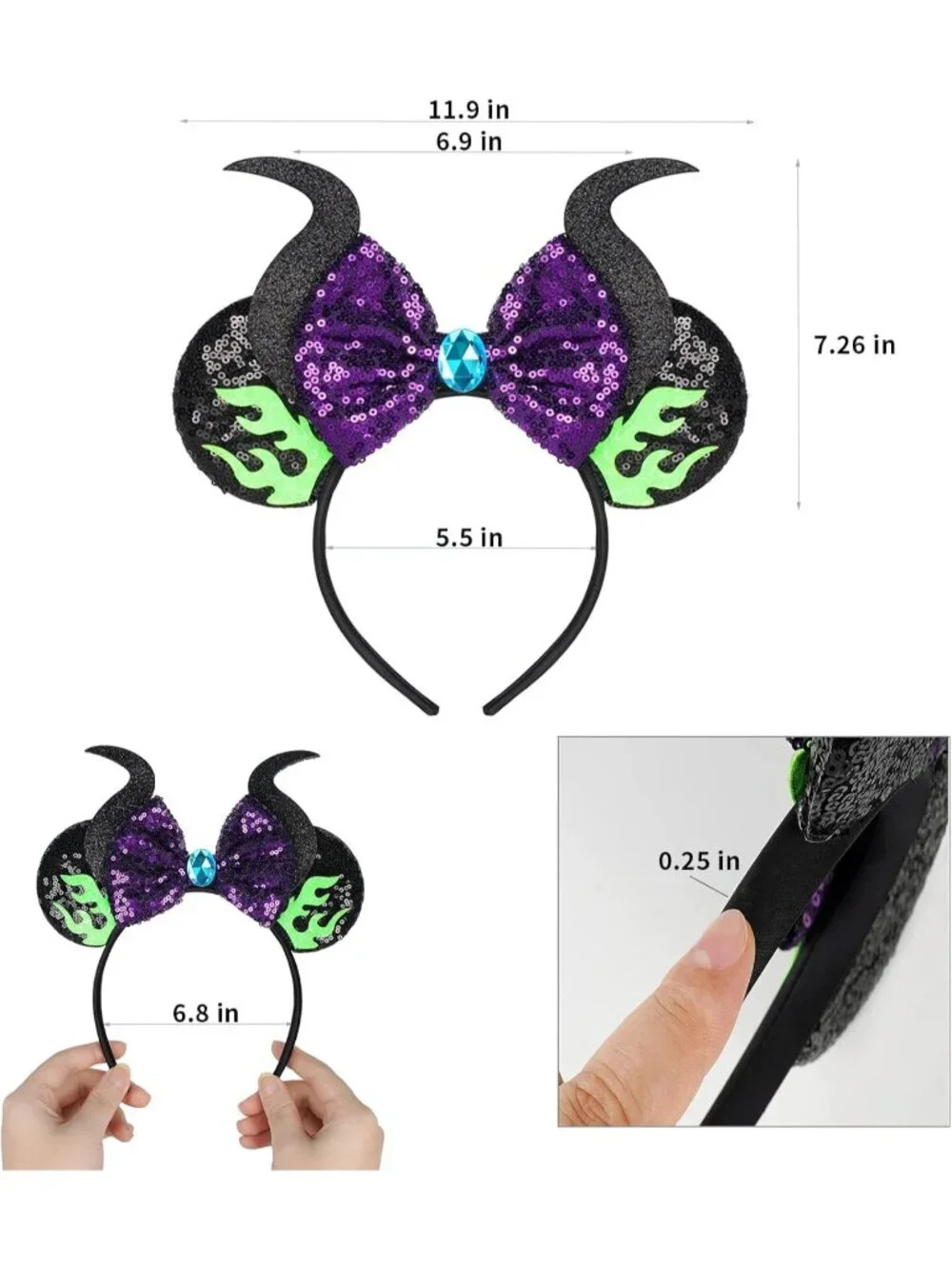 Women Green Purple Sequin Handmade Mickey Mouse Headband 2 Pieces